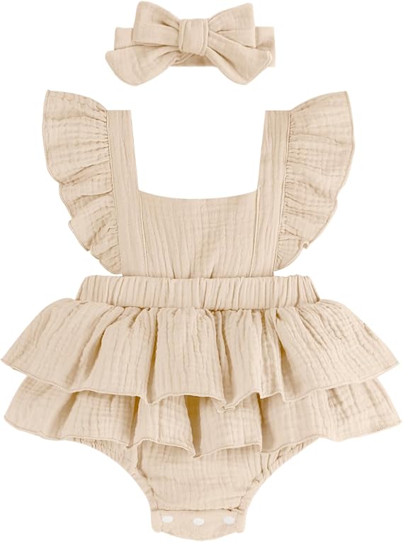 Newborn Baby Girl One-piece Romper Dress Infant Girl Summer Outfits with Headband Ruffle Sleeveless Bodysuit for Baby