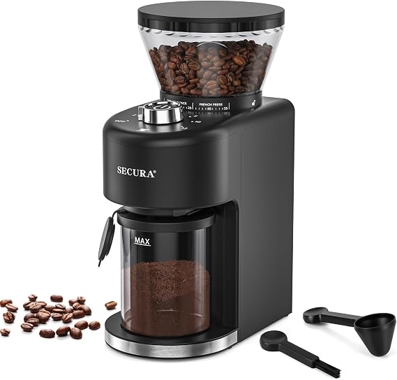 Secura Stainless Steel Conical Burr Coffee Grinder 35 Grind Settings, 2-12 Cup Capacity, 8.8 oz Bean Storage, One-Touch Operation