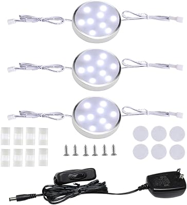LED Under Counter Lighting Fixture,3 Pack Wired Linkable Under Cabinet Lights for Kitchen,Plug in Puck Lights with Manual Switch for Wardrobe Closet Showcase Bookcase6000K Daywhite