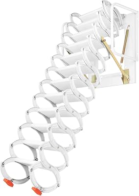 12-Steps Attic Ladder, Wall Mounted Attic Ladder with Handrail, 10.17ft Retractable Loft Access Staircase Pull Down System for Home Garage loft Storage, Maximum Load Capacity 880 lbs