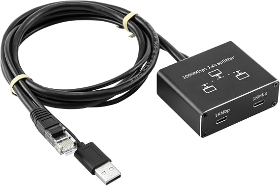 Gigabit Ethernet Splitter 1 in 2 Out, USB-C Powered RJ45 LAN Splitter, 1000Mbps Network Adapter for 2 Devices Simultaneous Internet Access, Plug & Play for PC, Laptop, TV, Router, Switch (RJ-SP102CK)