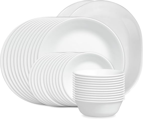 Corelle Vitrelle 38-Piece Service for 12 Dinnerware Set, Triple Layer Glass and Chip Resistant, Lightweight Round Plates and Bowls Set, Winter Frost White