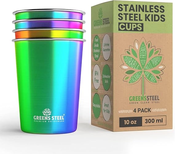 10oz Kids Cups Stainless Steel Cups for Home, Party, Camping & Outdoor Activities BPA Free, Unbreakable, Premium Stackable Metal Drinking Glasses for Children (4-Pack)