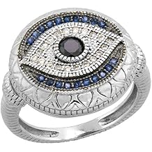 Art Deco Style Sterling Silver Evil Eye Ring w/Synthetic Blue Sapphires & CZ stones 5/8 inch sizes 6-9