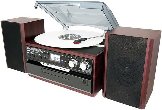 Boytone BT-24DJM Bluetooth Classic Style Record Player Turntable with AM/FM, CD/Cassette Player, Separate Stereo Speakers, Record from Vinyl, Radio, Cassette to USB with MP3 format, SD Slot, USB, AUX.