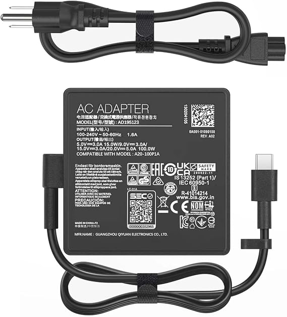 100W 65W USB-C Charger Compatible with ASUS ROG Ally Flow | 20V 5A GaN Adapter. Fits Zephyrus G14 G16, ZenBook, Strix, X13 Z13, GV301 GZ301. Replaces A20-100P1A AC100-00.