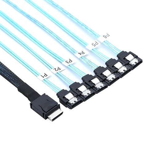 PCIe Oculink SFF-8611 4i to 6X SATA 7P Female Cable 12Gbps High Speed Server Hard Drive Converter Cable, 32AWG Low-Loss Wire (0.5M)