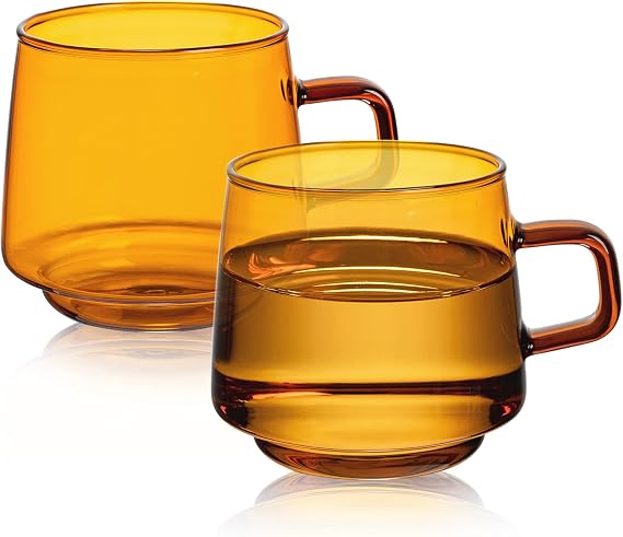 Joeyan Amber Glass Coffee Mugs Set of 2-10 oz Glass Stackable Coffee Cups with Handle - Colored Tea Cups Drinking Glasses for Espresso, Cappuccino, Latte, Tea, Milk