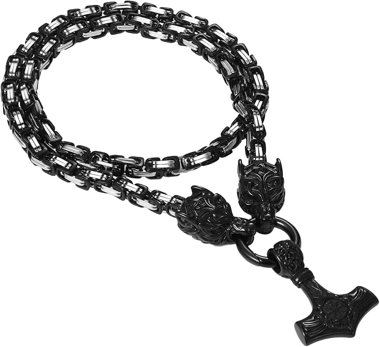 OIDEA Viking Thor's Hammer Necklace for Men: Vintage Viking Helm of Awe Mjolnir Pendant with Wolf Head Byzantine Chain Amulet Jewelry Gift for Men Women