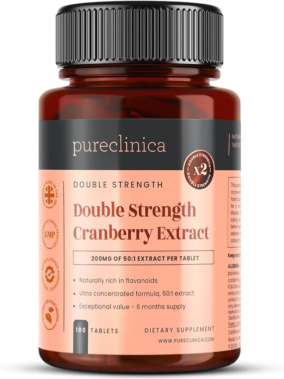 pureclinica High Strength Cranberry Extract Tablets 180 Count Ultra Concentrated Formula 6 Month Supply