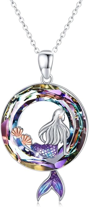 Mermaid Necklaces Round Shape Crystal Ocean Pendant Necklace Dainty Sterling Silver Starfish Beach Cute Jewelry Gifts for Women with Gift Box