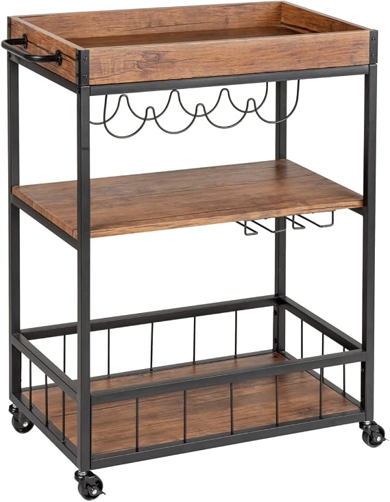 WENKO Rolling Storage Cart for Kitchen, 3 Tier Rolling Cart for Kitchen Storage, Home Bar Furniture, Black, Dimensions 31.89 x 16.34 x 8.07 in