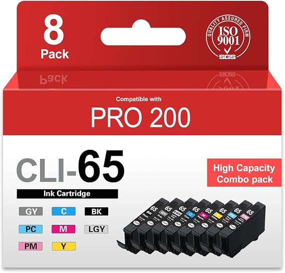 CLI-65 High Capacity Ink Cartridges for PRO 200 Printer 8PK - Compatible Replacement for CLI-65 CLI 65 Ink Cartridge with PRO-200, PRO-200S Printers (1BK, 1C, 1M, 1Y, 1PM, 1PC, 1GY, 1LGY)