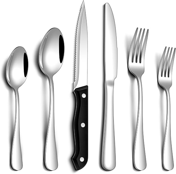PHILIPALA 24 Pcs Silverware Set with Steak Knives Food-Grade Stainless Steel Flatware Set for 4 Mirror Cutlery Include Forks Spoons and Knives Set Dishwasher Safe Utensil Sets for Home Restaurant