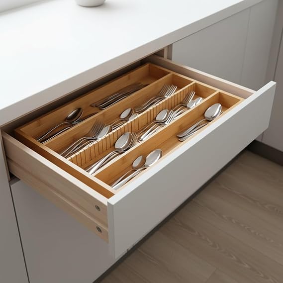 Deconox Bamboo Drawer Organizer (37.5x25x4 cm) | 4 Compartment, Movable Separators | Spoon Holder, Sewing, Office and Kitchen Organizer