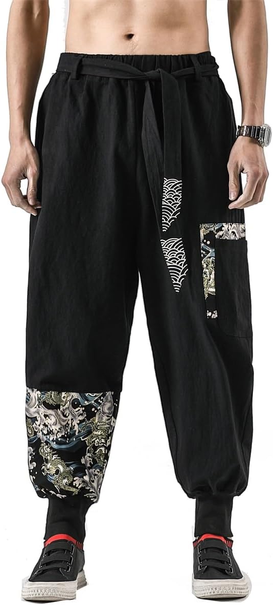 Seidarise Men's Harem Pants Hip hop Joggers Baggy Wide Leg Pants Casual Harem Linen Japanese Yoga