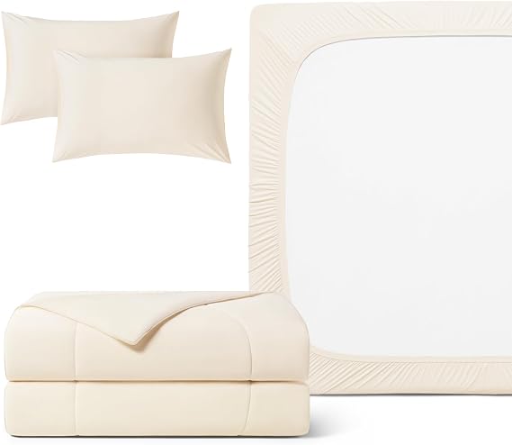 REST Buy 2 GET 35 Percent Off : Evercool Comforter Plus 3PC Starter Sheet Set Bundle, in Snow Ivory, Queen Size