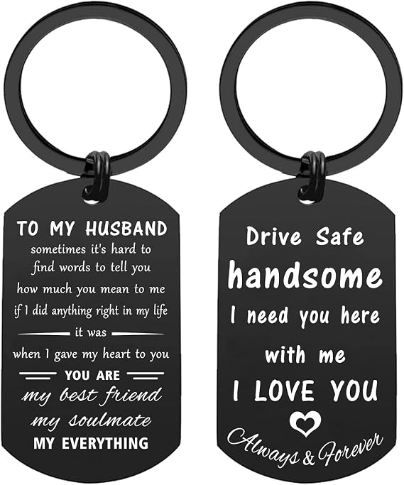 ENGZHI I Love You Gifts for Husband, Drive Safe Handsome Keychain from Wife | Black, Double Side Engraved, Birthday, Anniversary, Valentines, Chirstmas