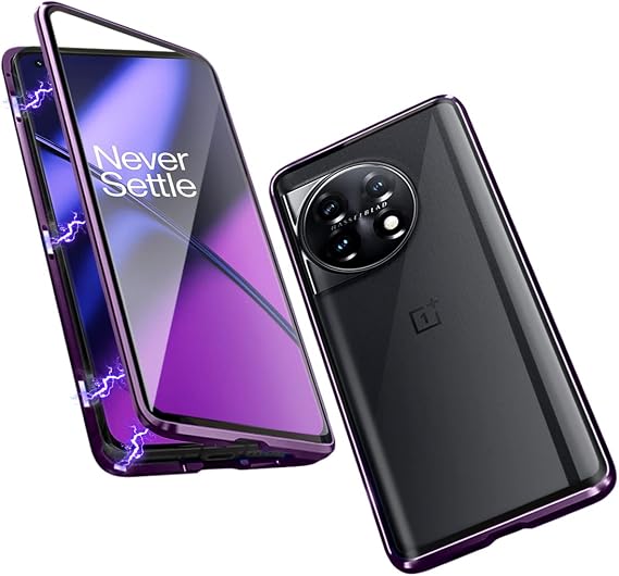 QUIETIP Case Compatible OnePlus 11 5G,Magnetic Body Metal Frame Double Sided Clear Tempered Glass Shockproof with Camera Protection Cover Thin,Purple