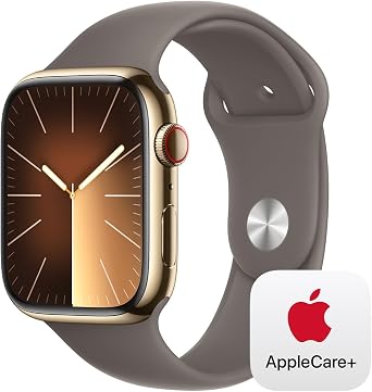 Apple Watch Series 9 [GPS + Cellular 45mm] Smartwatch with Gold Stainless Steel Case with Clay Sport Band M/L with AppleCare+ (2 Years)