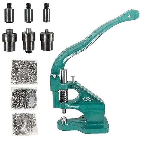 QWORK Heavy Duty Hand Press Eyelet Grommet Machine Punch Tool Kit 3 Size Dies (#0 #2 #4) & 1500 Pcs Silver Grommets for Banner, Canvas & Leather Work