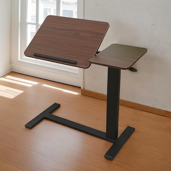 Yozma Overbed Table, Bedside Table, Height Adjustable Laptop Stand, Walnut Black MDF and Metal Rolling Desk with Tilting Tray, Hidden Wheels, H-Shaped Base for Bed Sofa Reading Work Meals