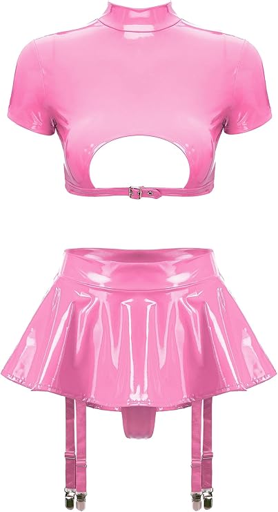 CHICTRY Womens Patent Leather Short Sleeve Cutout Top with Built-in Thongs Garter Belts Skirt Lingerie Set