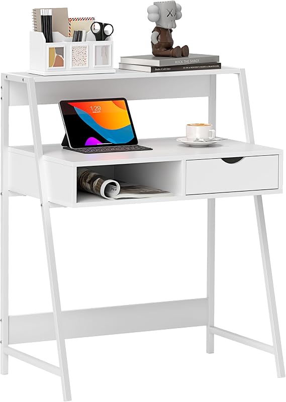 HOMCOM Home Office Desk, Computer Desk with A Frame for Small Spaces, Writing Table with Drawer and Storage Shelves, Natural