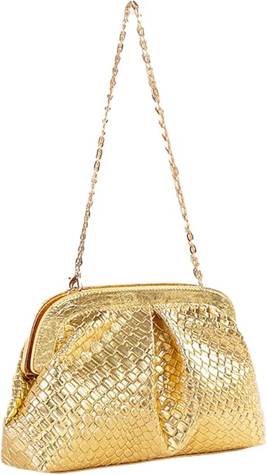 Gold Dumpling Bag for Women, Woven PU Shoulder Clutch
