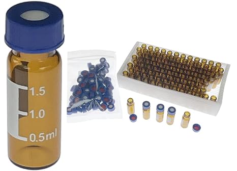 MUHWA 2ml HPLC Vials, Lab Autosampler Vials, Amber Vial with Writing Area and Graduations, Screw Cap, Red PTFE and White Silicone Septa, 100 Pcs/PACK