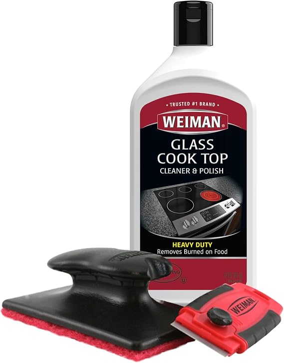 Weiman Glass & Ceramic Cooktop, Stove Top & Oven Cleaner Kit Kitchen Cleaner Cream, 3 Scrubbing Pads & Scraper for Burnt-On Food & Grease, Clean Shine - Safe for Induction, Electric & Gas Cooktops