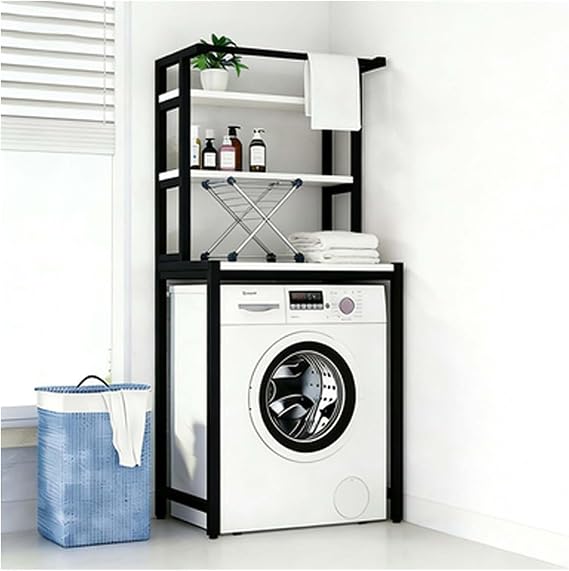 Upper Structure of Washing Machine:3-Tier Storage Cabinet & Shelf Over Washer/Dryer with Hanging Rod for Laundry Room Organization(C,Black_Three Layers)