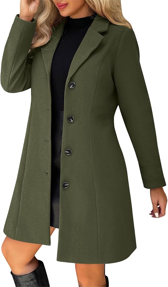 Women's Winter Wool Blend Pea Coat, Elegant Notched Collar Single Breasted Trench Coats, Ladies Mid-Length Overcoat