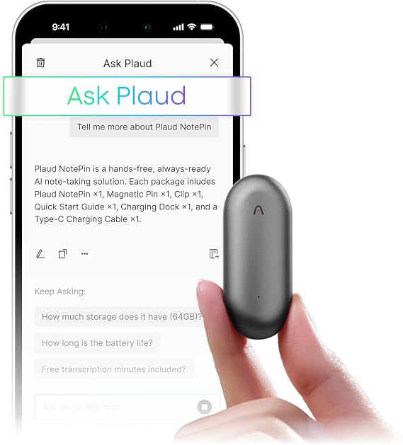 Plaud NotePin Wearable AI Voice Recorder, Cosmic Gray, Non-S Version | AI Note Taker for Meetings Interviews, Professionals, Teams, Productivity, 112 Languages, App Control, Find My