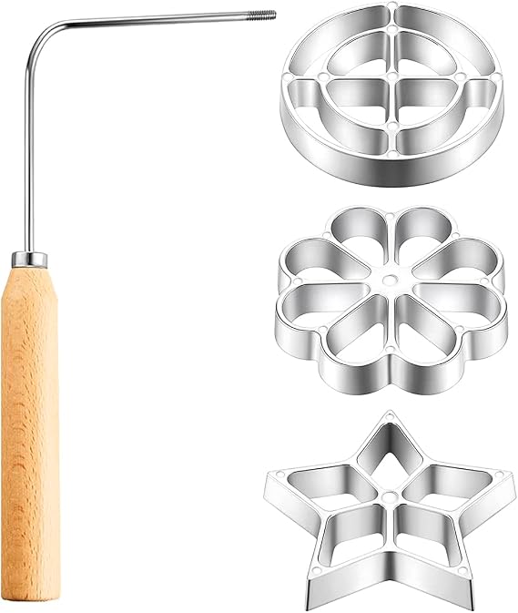 Bunuelos Mold with Handle,Aluminium Cast Waffle Molds Set,Rosette Maker Rosette Cookie Bunuelos Tool with 3 Interchangeable Heads Kitchen Baking Breakfast Party Birthday Cookies