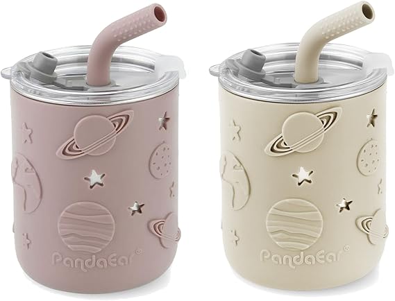 PandaEar 2 Pack Stainless Steel Toddler Cups with Straw, 8.8 oz Sippy Cups | Spill Proof Straw Cups with Silicone Sleeve for Kids, Easy Grip Design for Toddlers Ages 3+, Beige & Pink