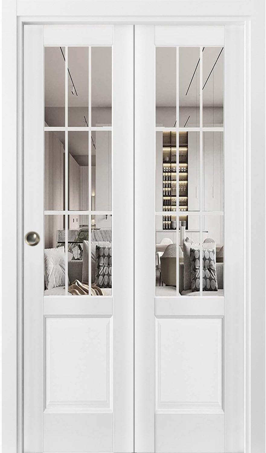Sliding Closet Bi-fold Doors 2  24 x 80 | Felicia 3599 White Silk with Clear Glass | Sturdy Tracks Moldings Trims Hardware Set | Wood Solid Bedroom Wardrobe Doors
