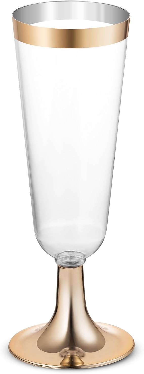BloominGoods 50 Plastic Gold Rimmed Champagne Flutes | 5.5 oz. Clear Hard Disposable Party & Wedding Glass | Premium Heavy Duty Fancy Cup (50-Pack)