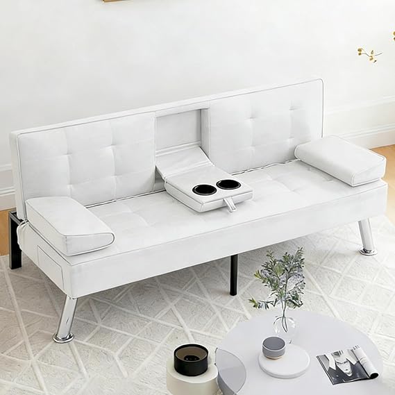 Modern PU Leather Futon Sofa Bed,Convertible Sleeper Bed Couch with Cup Holders,65" Folding Couch Small Loveseat with Chrome Legs for Small Living Room Home Office (White)
