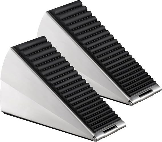 Strongest Adjustable Spring Loaded Large Door Stopper - Heavy Duty Tall Door Stop Wedge for Bottom of Doors, Up to 3 Inches, Stainless Steel (Silver, 2 Pack)