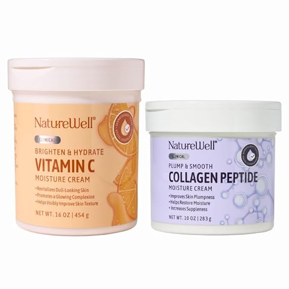 NATURE WELL Clinical Vitamin C 16oz & Collagen Peptide 10oz Moisturizing Cream Bundle for Face, Body, Hands, Plump & Nourish, Brighten & Smooth, Provides Intense Hydration For Dry & Dull Skin