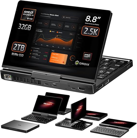 GPD Pocket 4: Mini Laptop with AMD Ryzen AI 9 HX 370 CPU, Radeon 890M GPU, 32GB LPDDR5X RAM, 2TB PCIe Gen4 SSD, 8.8 Inch 2.5K 144Hz Display, Wi-Fi 6E, Bluetooth 5.3, Modular AI Handheld PC