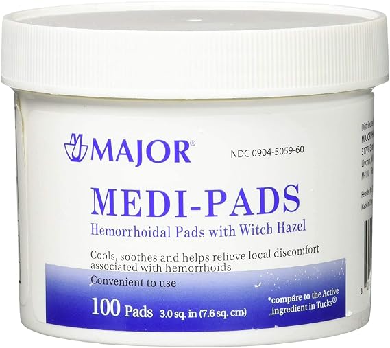 MAJOR Maximum Strength Medi-Pads - Hemorrhoidal Hygienic Cleansing Witch Hazel Pads - Pre-Moistened Cooling Pads with Aloe - 100-Count Jar