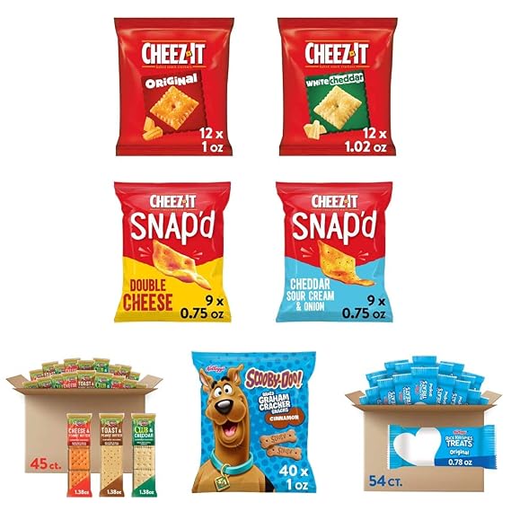Kellogg's Bulk Snack Box, Cheez-It Crackers Variety Pack (42 Bags), Keebler Sandwich Crackers Variety Pack (45 Count), Scooby-Doo Graham Crackers (40 Bags) and Rice Krispies Treats Bars (54 Bags)