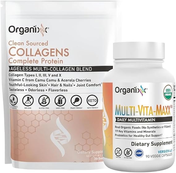 Organixx Clean Sourced Collagens (30 Serv) & Multi-Vita-Maxx (90 Caps) Bundle, Protein w/Vitamin C & Zinc Plus USDA Organic Whole Food Multivitamin, Supports Hair, Joints & Daily Energy, Gluten Free