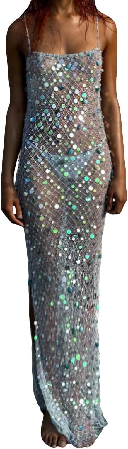 Women's Sequin Sheer Maxi Dress Spaghetti Straps Backless Slit Sparkle See-Through Mesh for Beach Clubwear