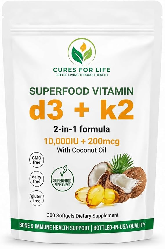 Vitamin D3 + K2 Supplement 10,000 IU & 200 mcg - Infused with Coconut Oil for Max Absorption - Bone & Immune Support - Non-GMO, Gluten Free - 300 Softgels