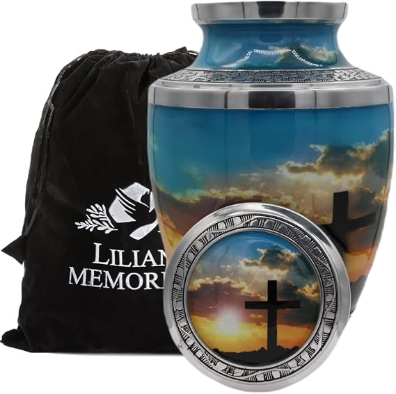 Cross Religious Cremation Urn Metal Funeral Urn for Human Ashes - Large Adult Size Burial Urn - Finished with Airbrushing by Hand - Memorial Art - Adult Size - 200 cu in