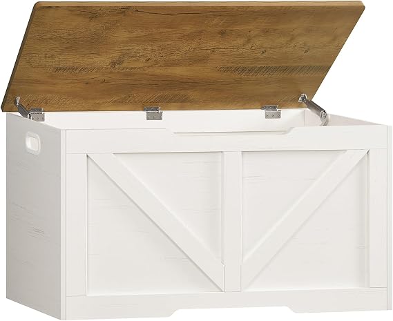 usikey 39.4" Storage Chest, Toy Box with 2 Safety Hinges, Lift Top Wooden Toy Chest, Storage Bench, for Living Room, Bedroom, Entryway, White+Honey Brown