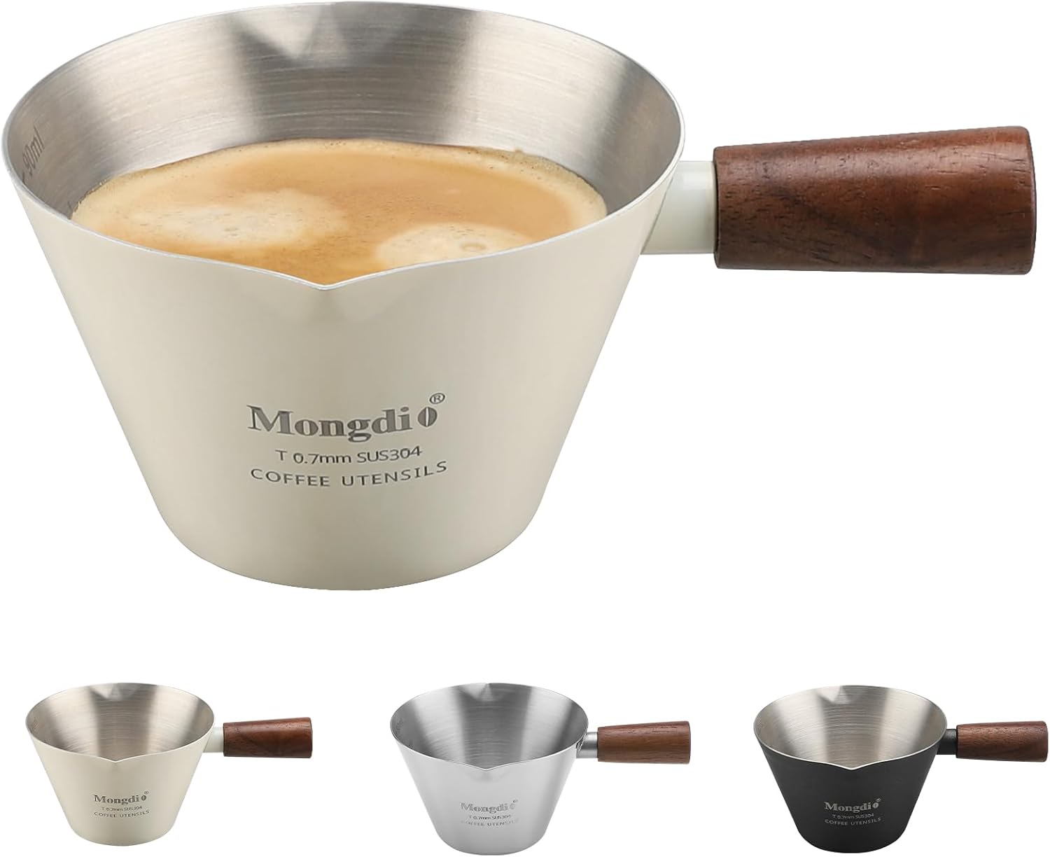 Mongdio Espresso Measuring Cup, Stainless Steel Espresso Shot Cups with Wooden Handle and Double Spouts, 3.4OZ100ML, White